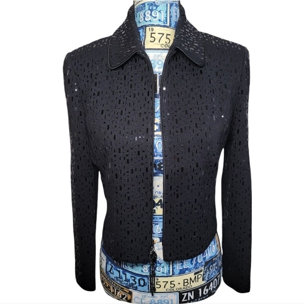 Rare St.John Evening Marie Gray Sequin Cardigan Zip-Up pailette Black 4 knit - Picture 9 of 13